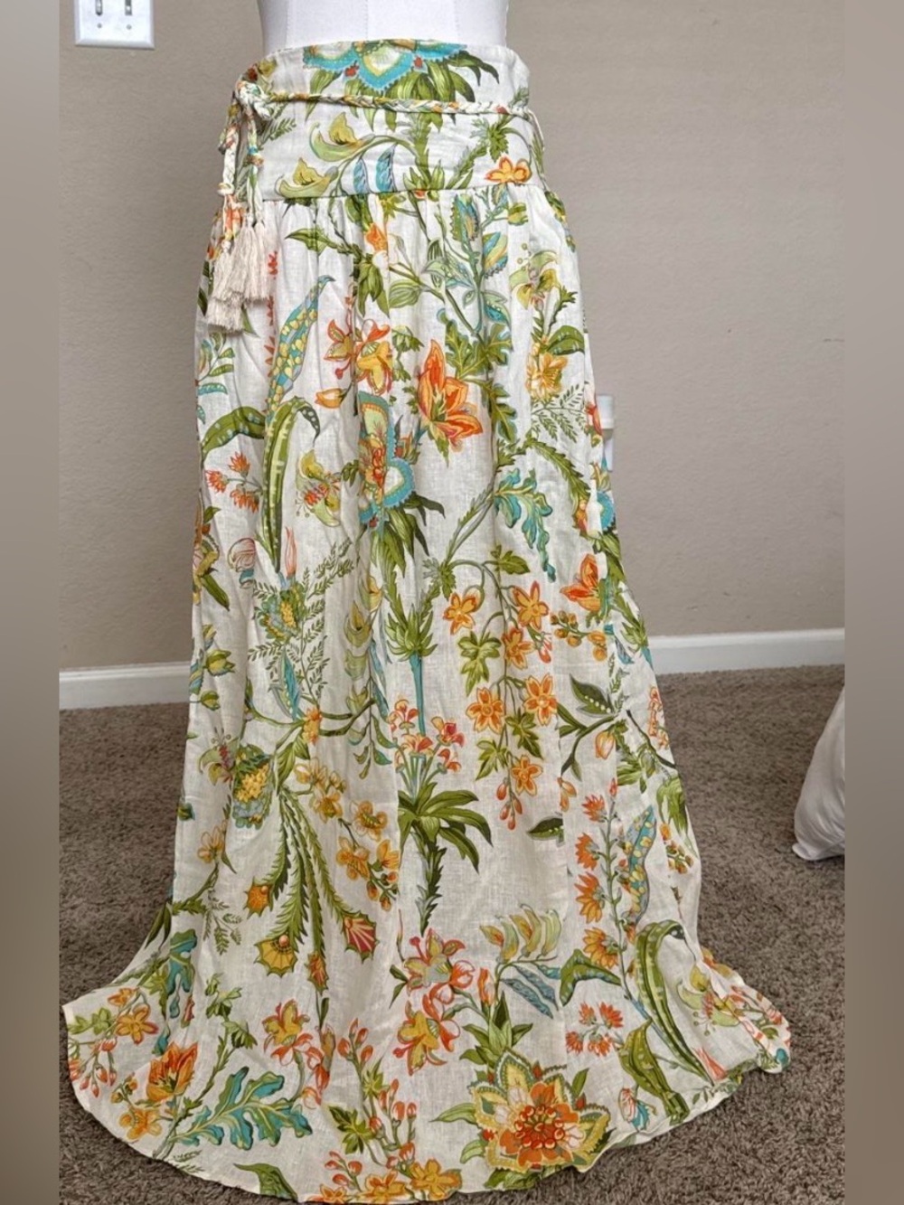 Rachel Zoe Floral Maxi Skirt in White with Green & Orange Print
